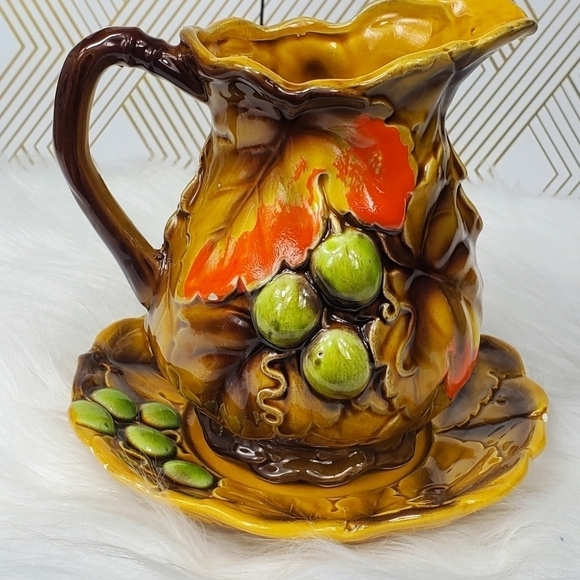 Vintage Nasco Japan Ceramic Pitcher‎ and - Raised Leaves & Saucer Fruit. - Picture 2 of 10